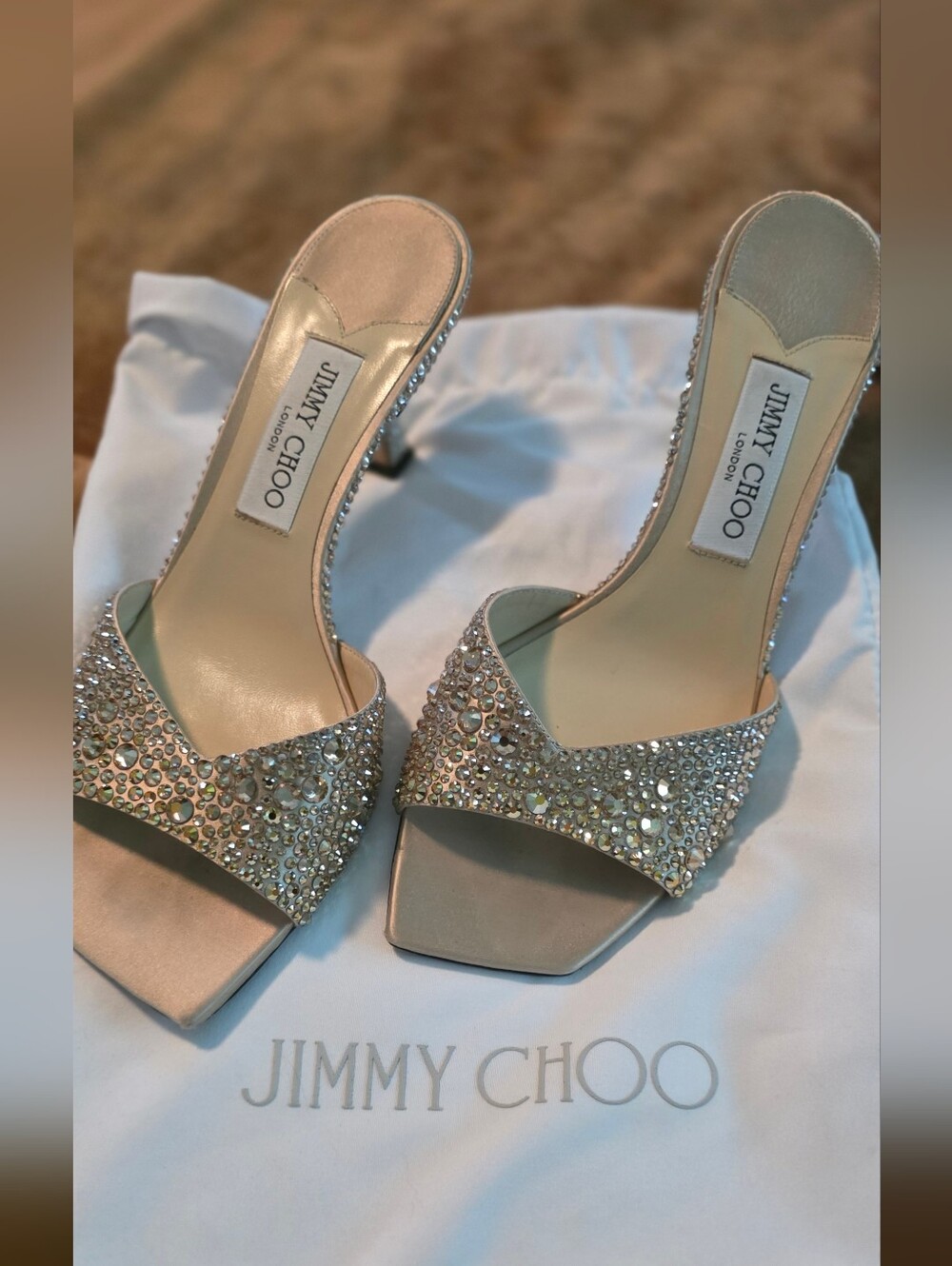 Jimmy Choo Crystal-Embellished Nude Satin Heeled Slides